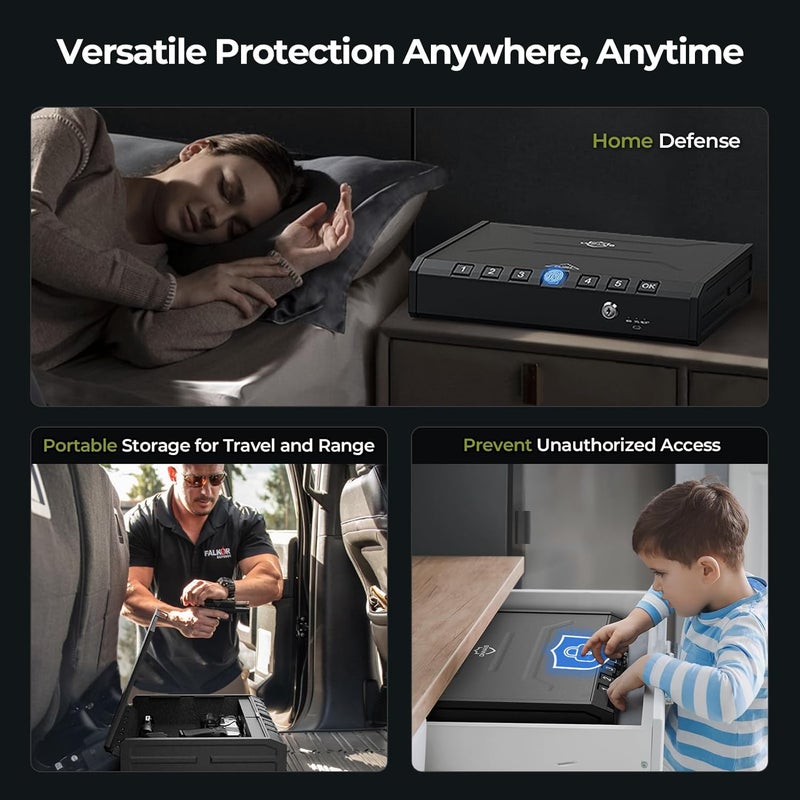 ONNAIS Large Biometric Gun Safe - Fingerprint Pistol Safes with Internal Light, Three Unlock Methods, and Emergency Power Supply, Gun Lock Box for Home, Nightstand, Bedside, and Car Use - Image 4